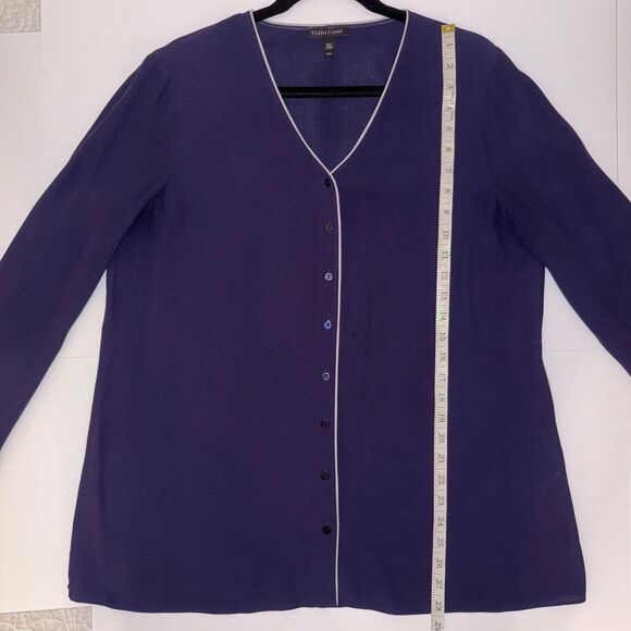 Eileen Fisher Georgette Piped Blouse 100% Silk Crepe Button Down Top Navy Blue M - Picture 7 of 13